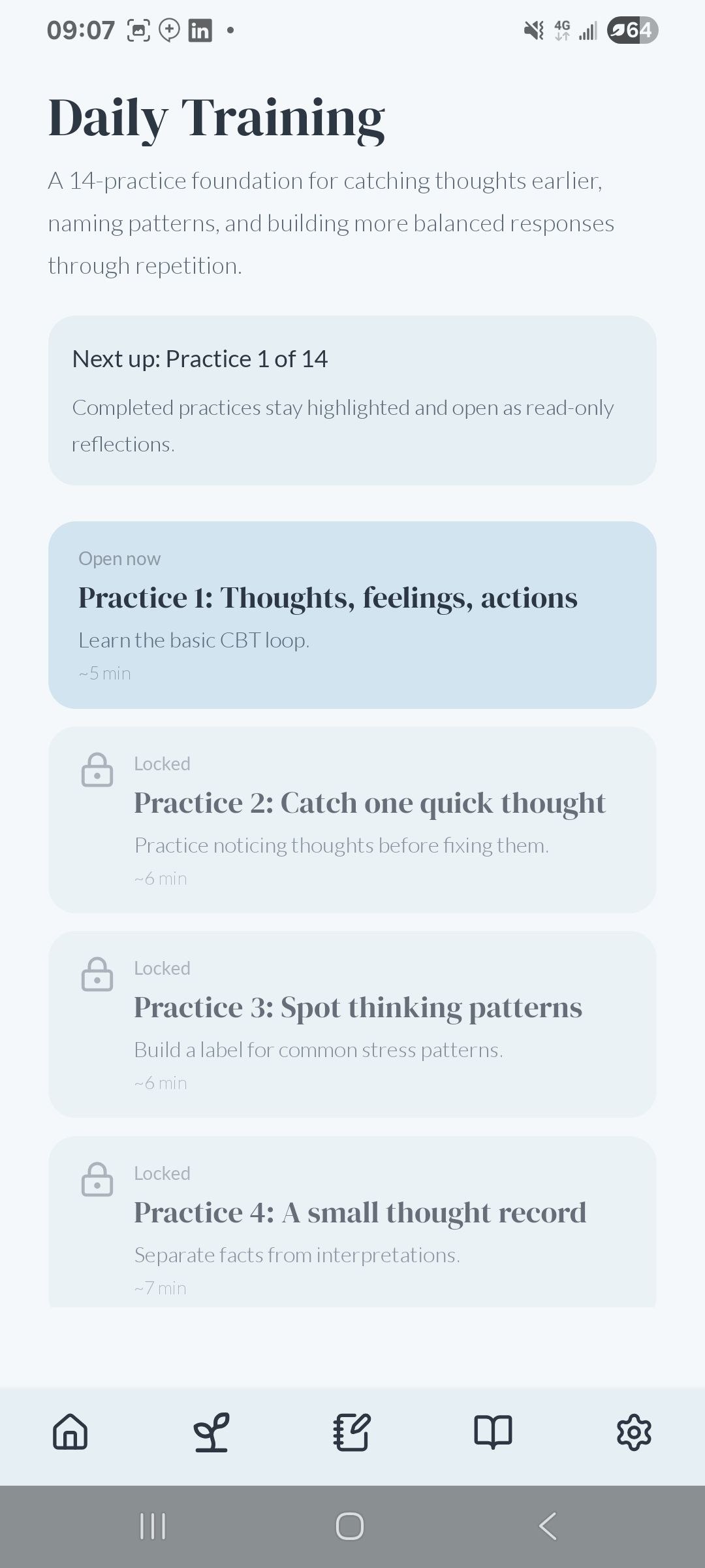 ClearPath daily training with a fourteen-practice learning path