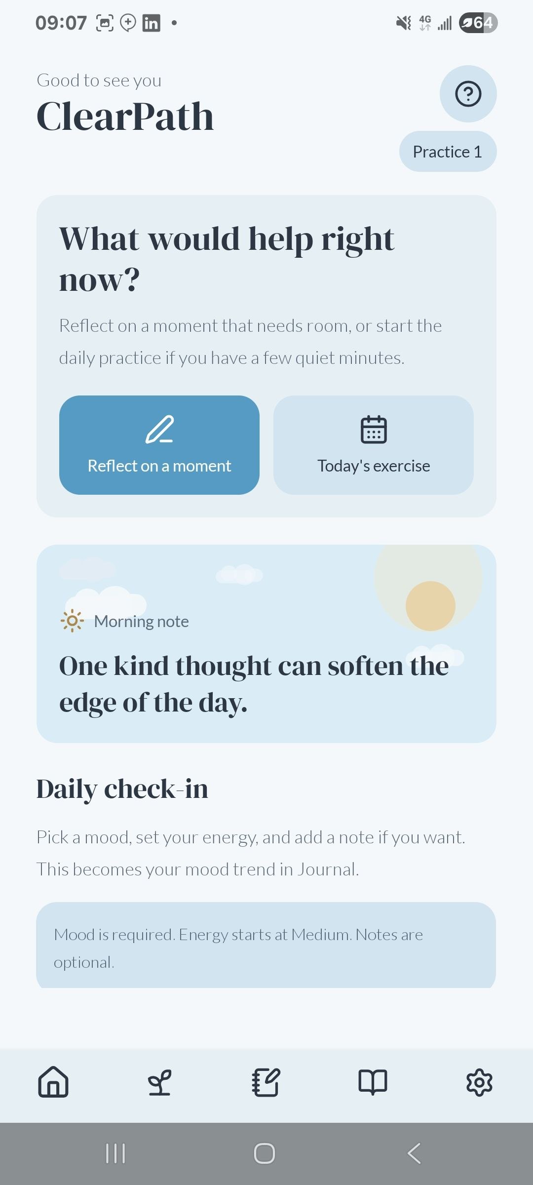 ClearPath home with guided reflection, daily practice and a mood check-in