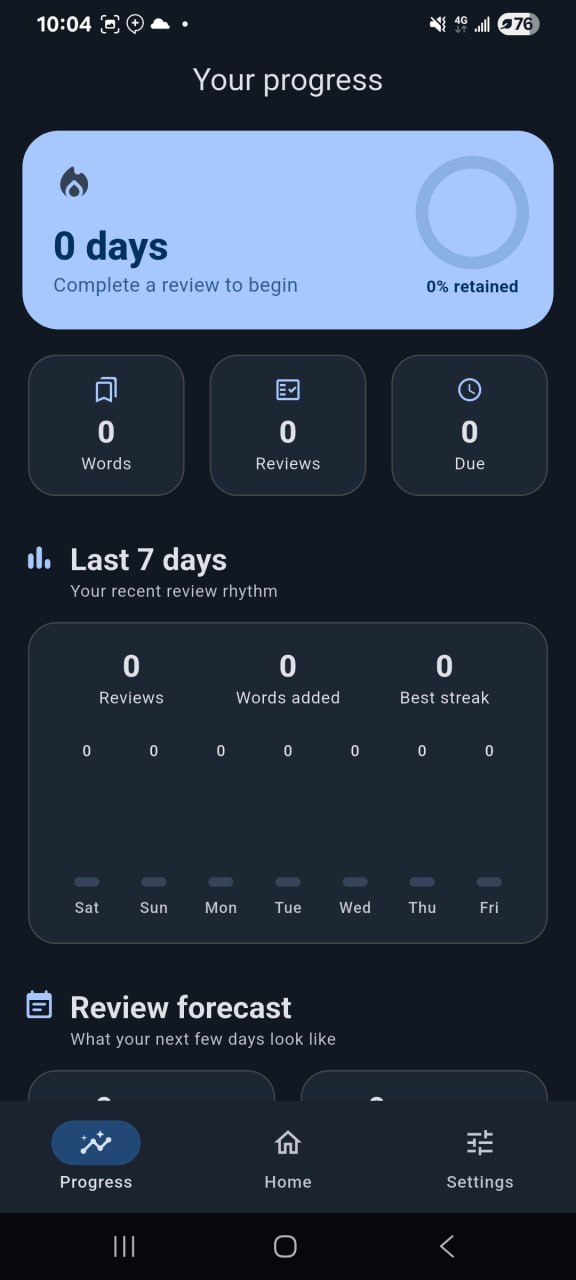 WordBucket progress screen with review history and recall statistics