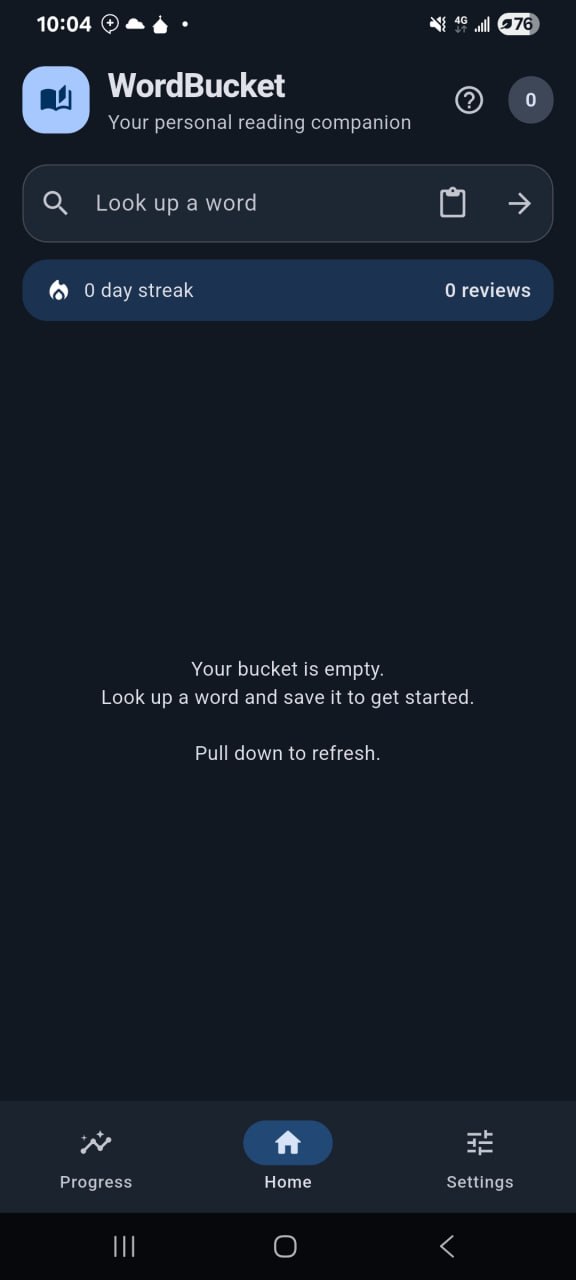 WordBucket home screen with word lookup and a personal vocabulary collection
